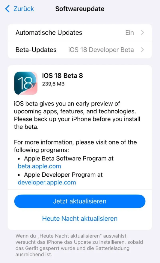 察哈尔右翼前苹果手机维修分享苹果 iOS / iPadOS 18 开发者预览版 Beta 8 发布 